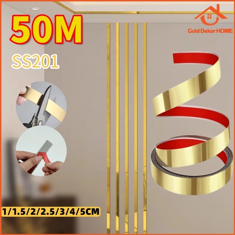 Billyeoni Gold Dekor 50M List Gold/Stainless SS201 Steel/ list Plat Strip Mirror Dekorasi Stiker Dek