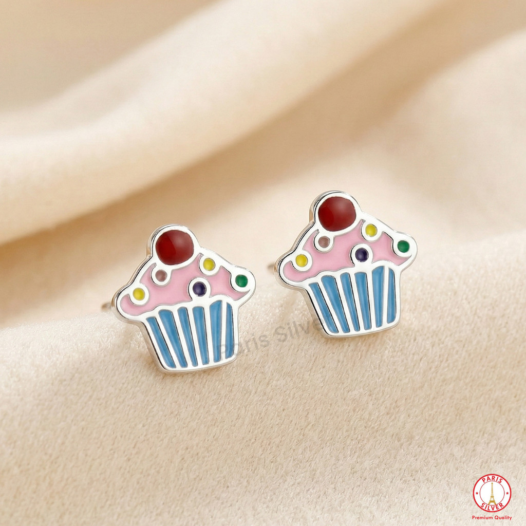 Anting Cupcake Perak Asli 925 Warna Lucu Anak Cewek Remaja Silver Lapis Emas Putih Anti Karat
