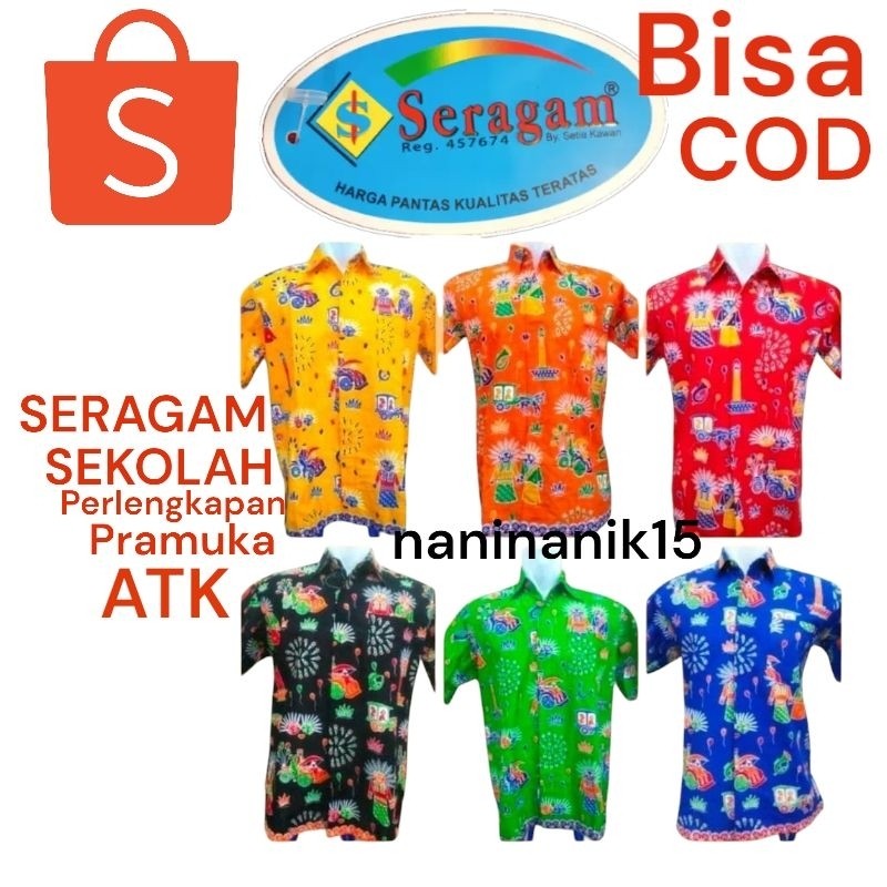 Gaya Outfit SERAGAM BAJU BATIK ONDEL ONDEL BETAWI LENGAN PENDEK / BATIK SD BAGUS