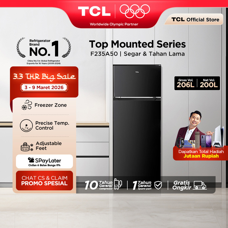 [BIGGER CAPACITY] ] TCL Kulkas 2 Pintu (Refrigerator) - Kapasitas 206L - Electronic Control - Adjust