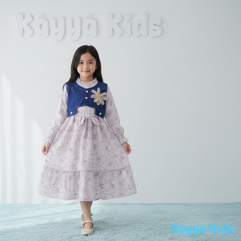 Gamis Anak Perempuan Set Rompi Jeans Elora Kayya Kids | Dress Motif Bunga Lengan Panjang 3-12 Tahun