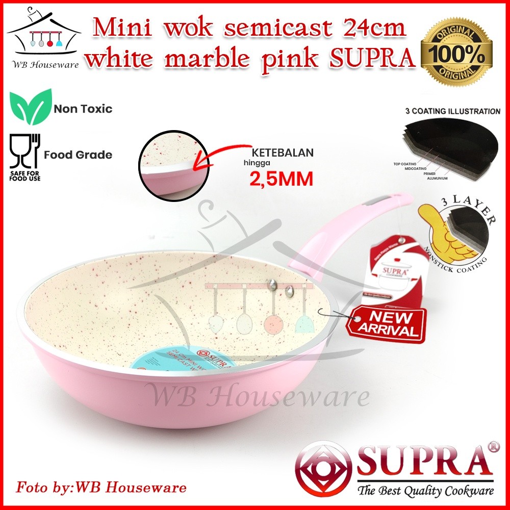 NEW panci supra mini wok 24cm white marble pastel pink / panci masak sayur anti lengket