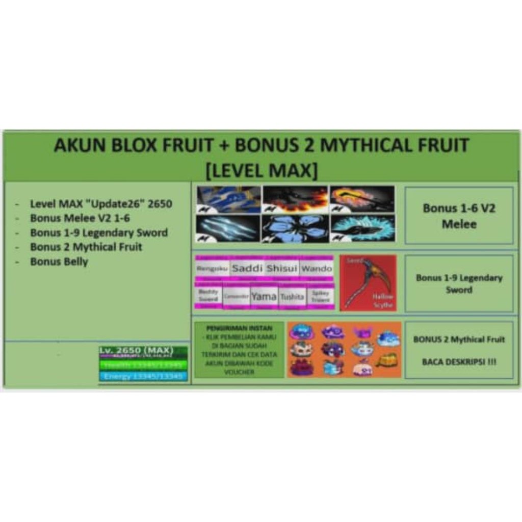 Akun Blox Fruit Level Max Bonus 2 Mythical Fruit