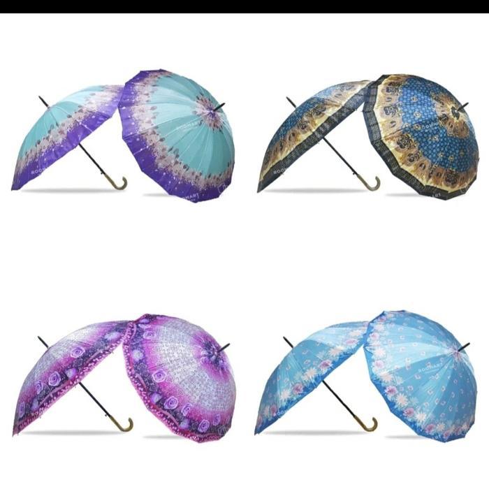 Payung Panjang 16 Jari Saten/Payung Warna Motif Bunga Batik Random