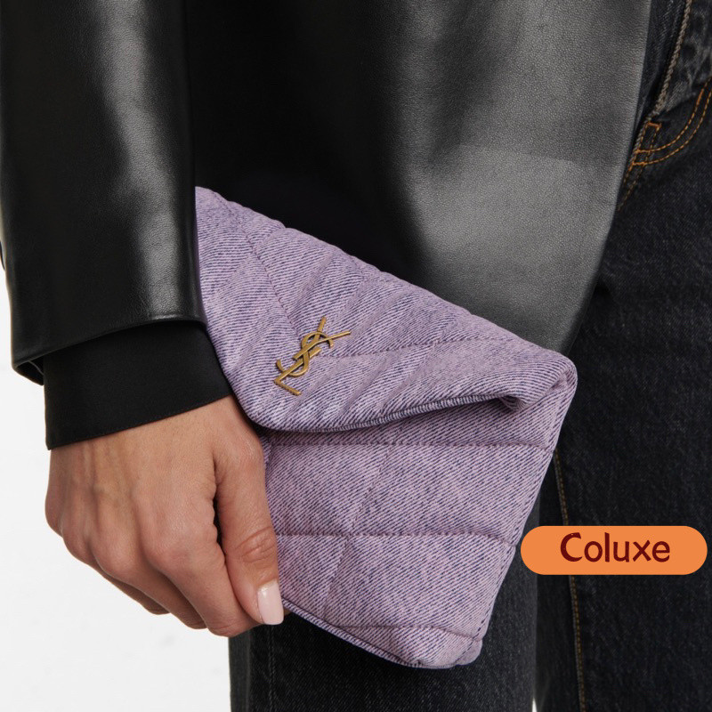 Saint Laurent Y S L Puffer Small Pouch in Denim & Smooth Leather