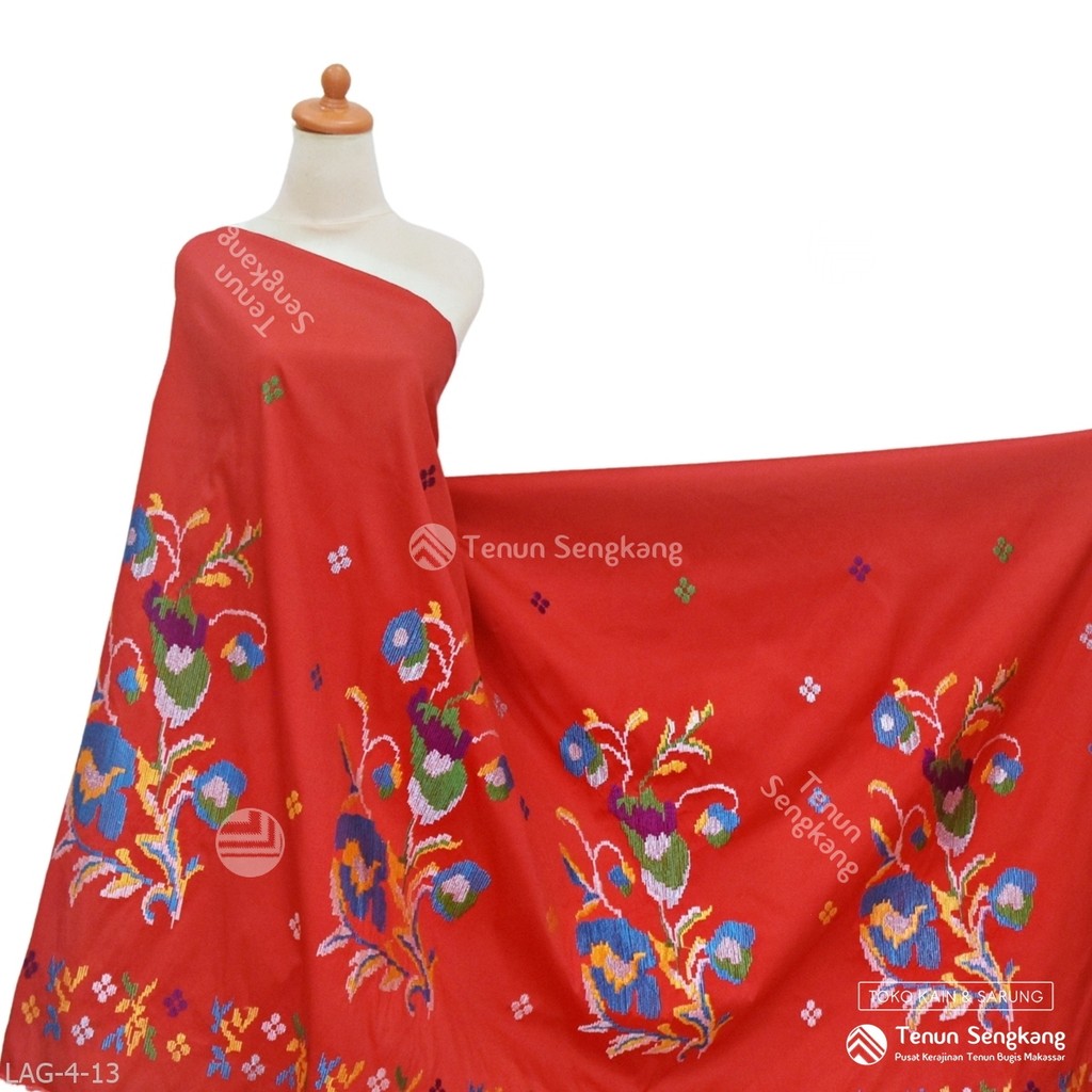 Kain Sulam Motif Bunga Lagosi Bahan Tafeeta Sutra Bugis Makassar Merah - Tenun Sengkang LAG-4-13 (Ha