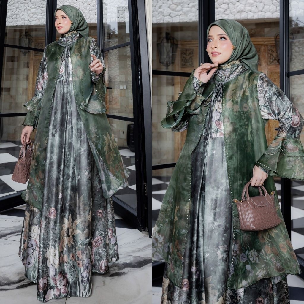 COD RIZKIYA BY HUMAIRA D'MECCA SYARI GAMIS ARMANY SILK PRINTING OUTER CARDI ORGANZA SET HIJAB JILBAB
