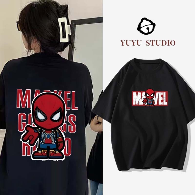 YUYU STUDIO T shirt oversize Cetakan kartun Marvel Spider-Man Kaos Wanita Lengan Pendek|Kaos Wanita 