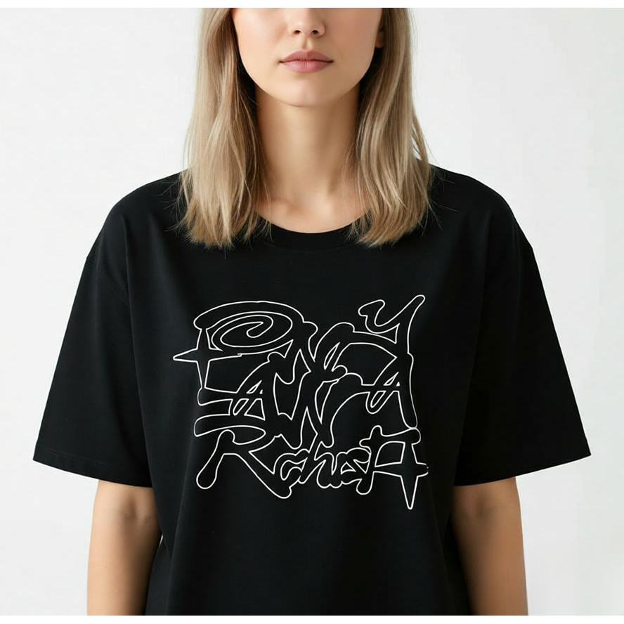 Baju Ukuran Lebih Besar Hitam Grafis Huruf Grafiti Seni Garis Putih Aksen Bintang Gaya Streetwear Gr