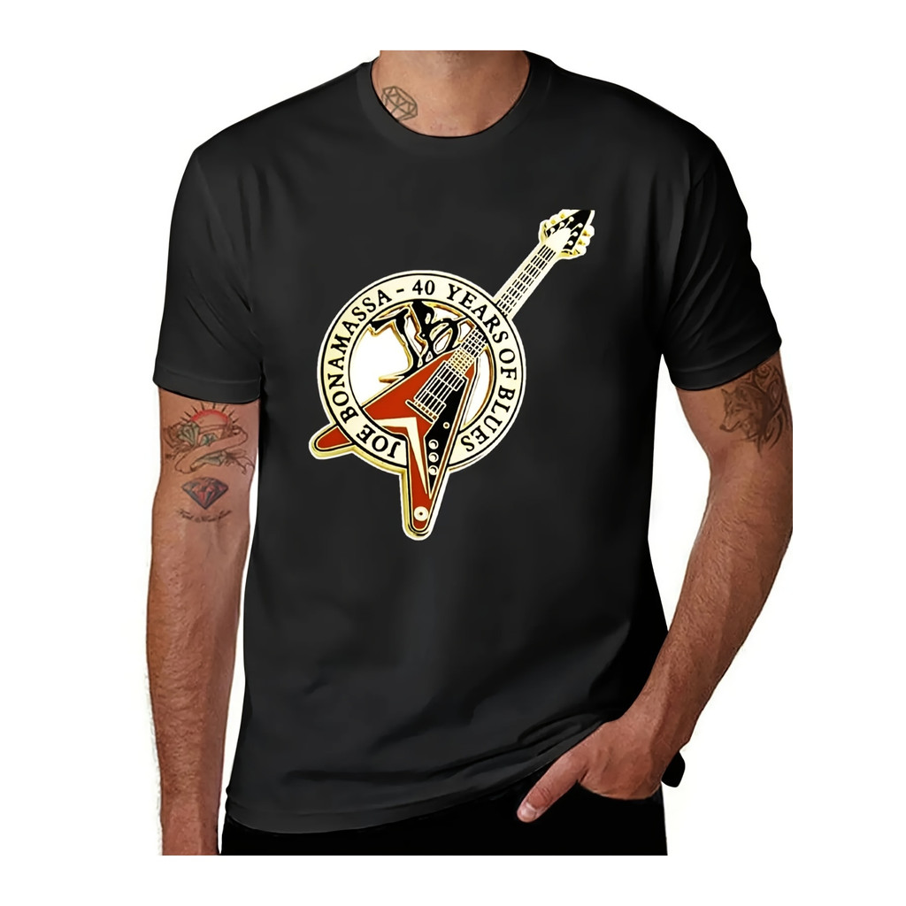 1pc Kaos Pria Motif 40 Tahun Blues Joe Bonamassa - Katun Kasual Hitam, Desain Gitar & Lencana, Bahan