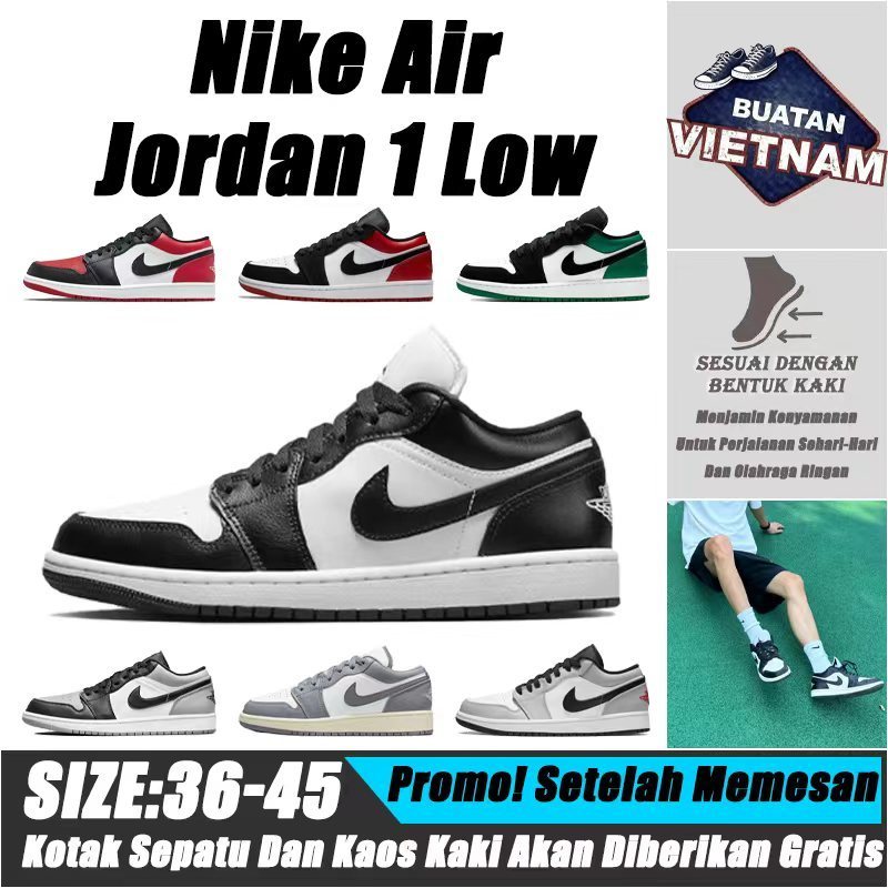 Sepatu basket low top Air Jordan 1 warna panda hitam - putih, sepatu olahraga, untuk pria / wanita.