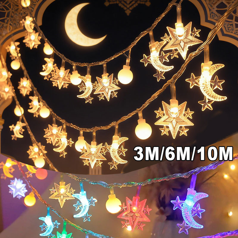 3/6/10M Lampu LED Rantai Bulan Bintang Lampu Bintang LED Lampu Lebaran Lampu Dekorasi Suasana Ramada