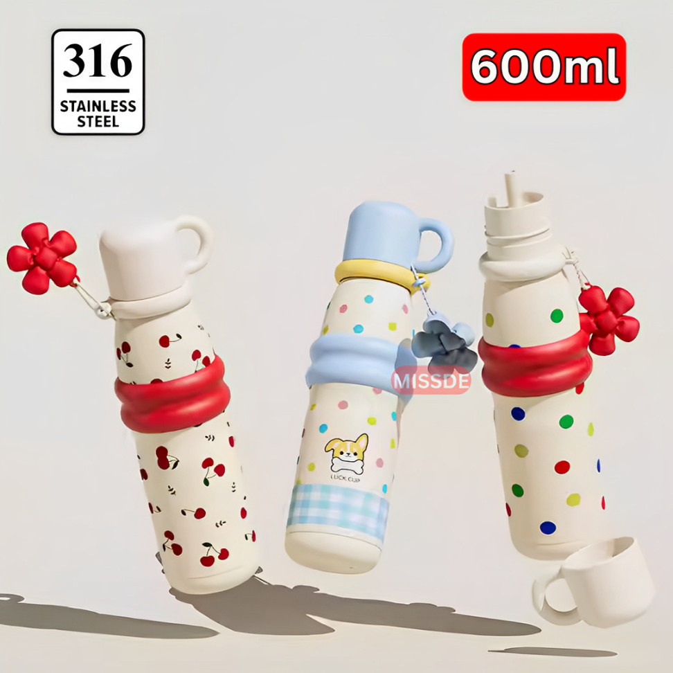 Botol Minum Stainless Steel 600ml / Tumbler Portable Insulated Bottle With Mug Kawai
