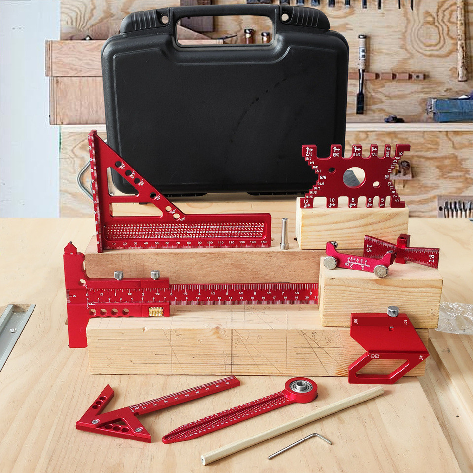 New Combination 6-8pcs Woodworking Square Kit with Box, Aluminum Scribeing Ruler,Center Finder,Draw 