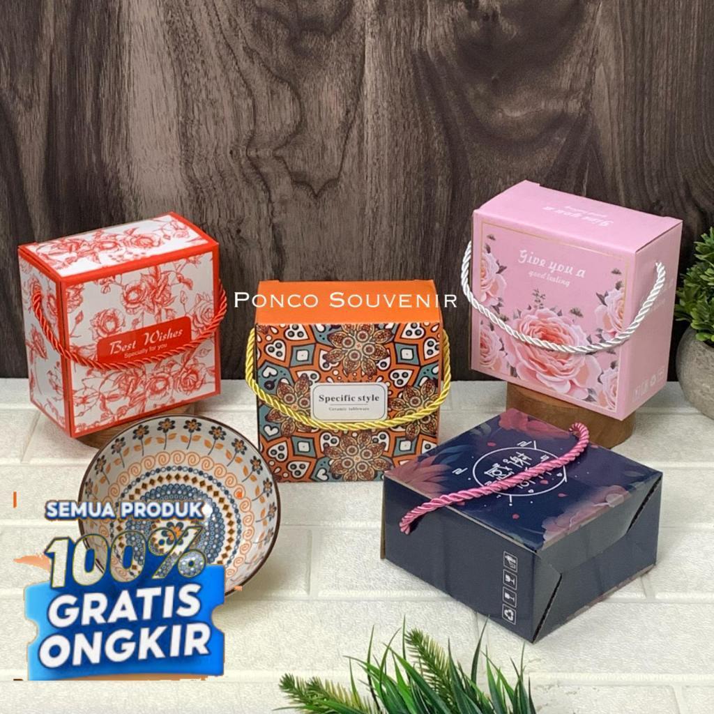 Hampers/ Mangkok Keramik Motif Korea Isi 1 Plus Box/ Hijau Toska Biru Aqua