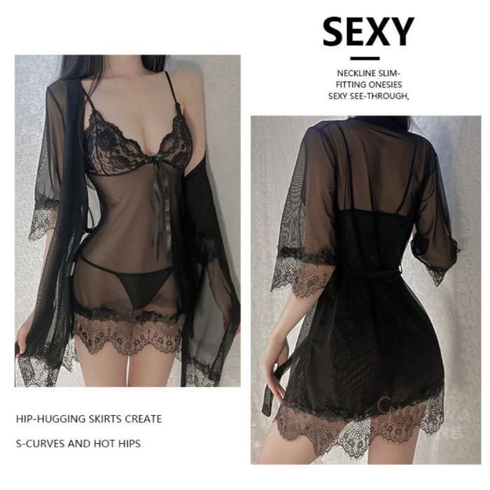 Lingerie Sexy 525 - Dress Kimono i Lingerie Transparan Wanita Hot - Merah XL