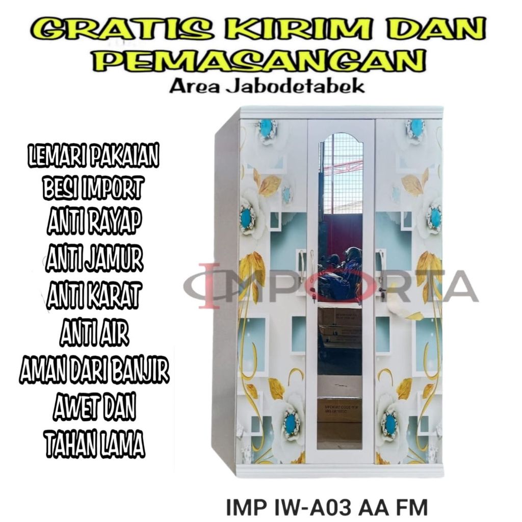 LEMARI PAKAIAN BESI 3 PINTU IMPORT LEMARI BAJU BESI