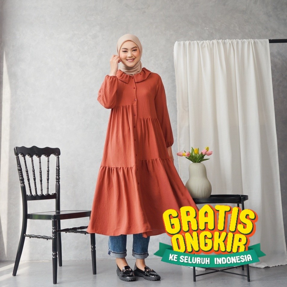 Ayesha Midi dress / Long tunik airflow crincle looklike heaven lights- pakaian wanita lainnya