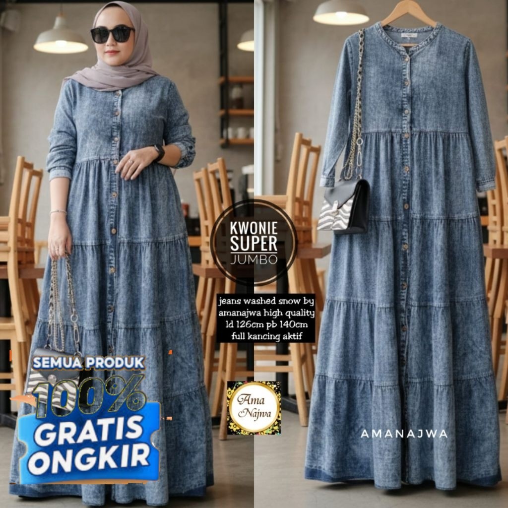 LD 140 || LD 120 Baju Gamis Premium Jeans Snow Tebal KWONIE SUPER JUMBO- pakaian wanita lainnya