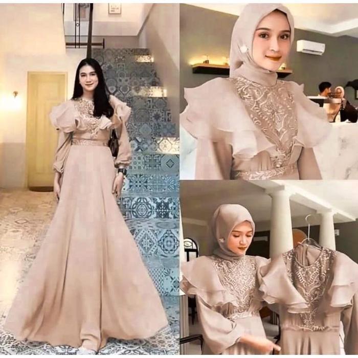 Vallina Meghan Dress Gamis Brukat Organza - Mocca