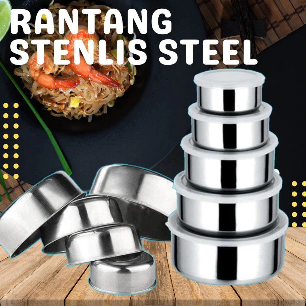 Rantang Stainless Bulat 5 Susun  Tutup Plastik /  Rantang Beranak / Rantang Tumpuk 5 Set