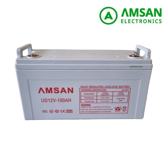 Baterai VRLA 12V 100Ah AMSAN Deep Cycle Lead Acid Battery Untuk UPS PLTS Aki MotorListrik dan Mobil 