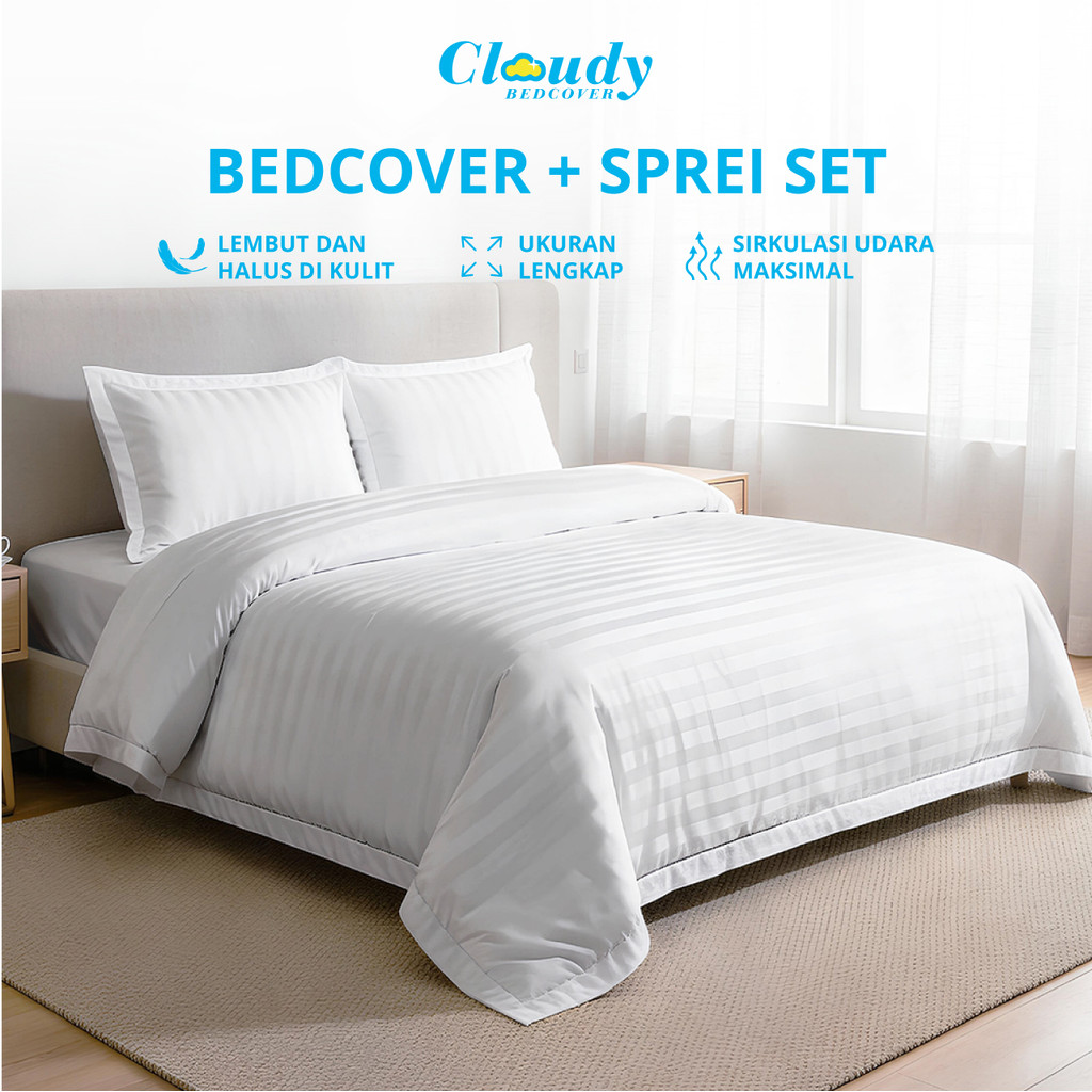 Bed Cover Set Sprei Hotel Tensel Putih Ukuran Lengkap - 180x200/160x200/200x200 - Cloudy Bedcover