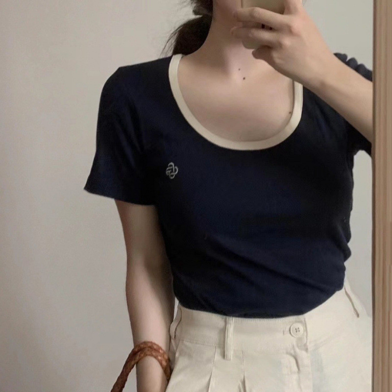 Atasan wanita lengan pendek ramping warna kontras leher U besar GROVE niche Korea