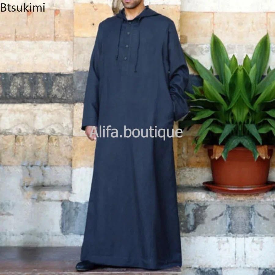 Muslim Fashion Men's Clothes Solid Jubba Thobe Long Sleeve Hooded Robes Dubai Middle East Men Islami
