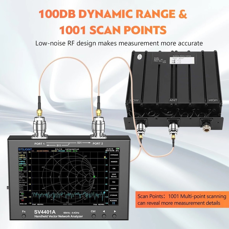 SV4401A 7" Touch LCD 50KHz-4.4GHz NanoVNA VNA Vector Network Antenna Analyzer UHF HF VHF SWR 100db D
