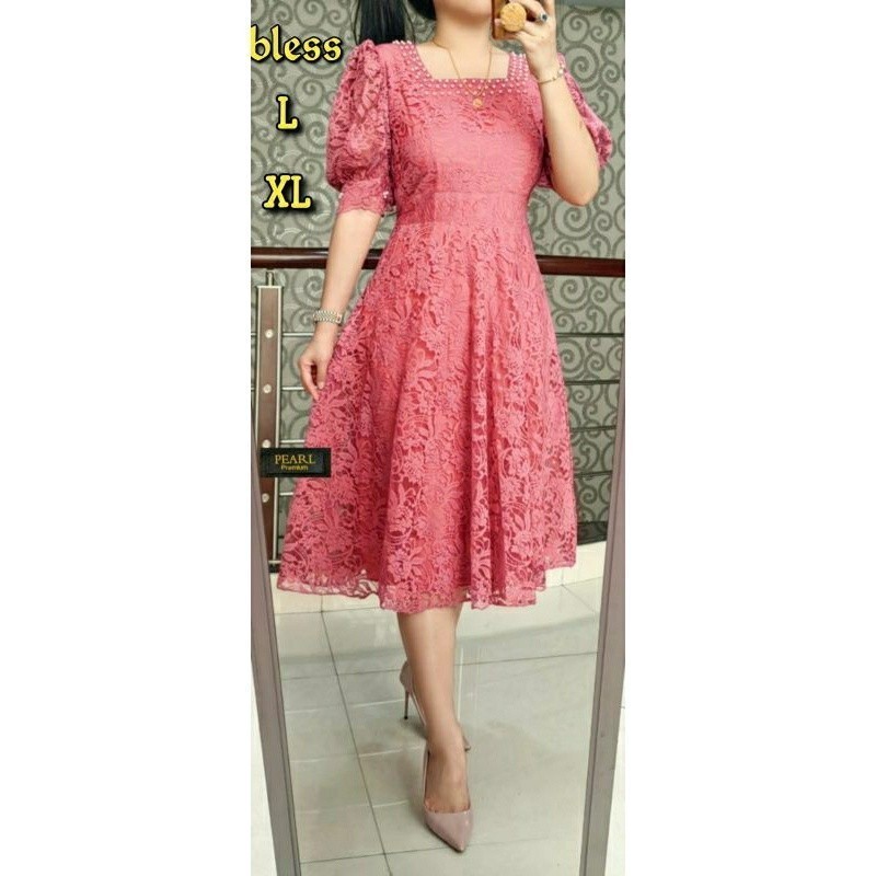 Dres Semi Brokat Rimpel Gaun Pesta Wanita Kekinian Remaja