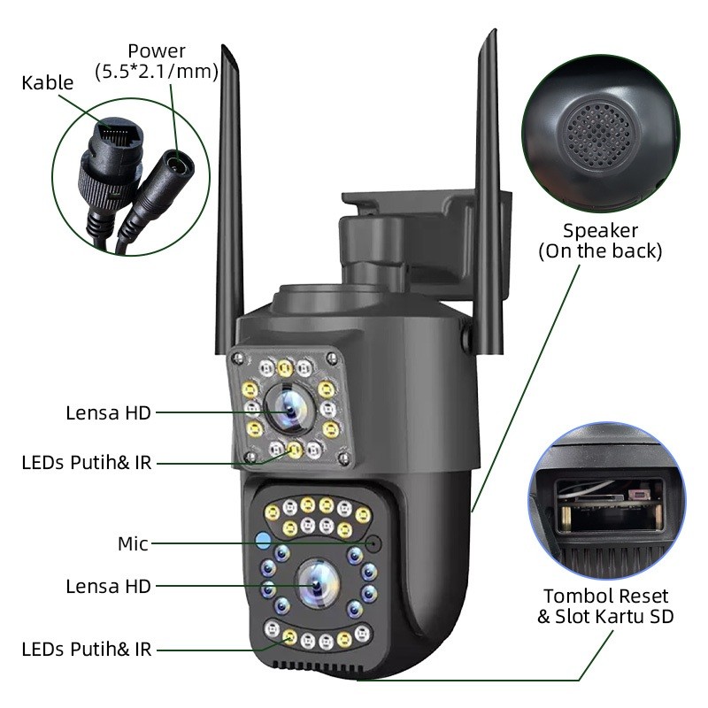 CCTV WiFi/4G Outdoor  Dual Lens Malam Jelas Tahan Hujan Audio Dua Arah Mudah Pasang Tanpa Biaya Bula