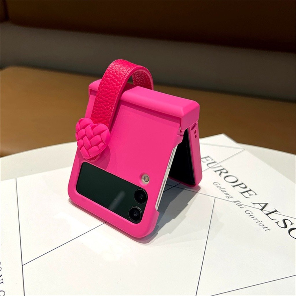 Casing Braket Tali Pergelangan Tangan Hati Anyaman Merah Mawar Lucu Korea untuk Samsung Galaxy Z Fli