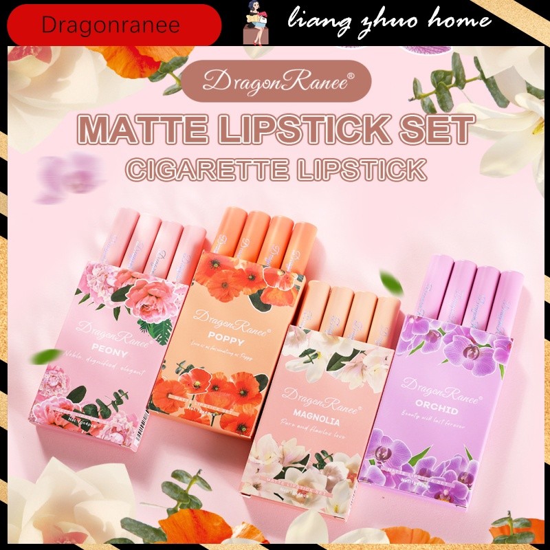Dragon Ranee 4Pcs Set Lipstik Tabung Rokok, Set Lip Gloss Matte Bunga, Set Lip Tint Merah Nude, Lip 