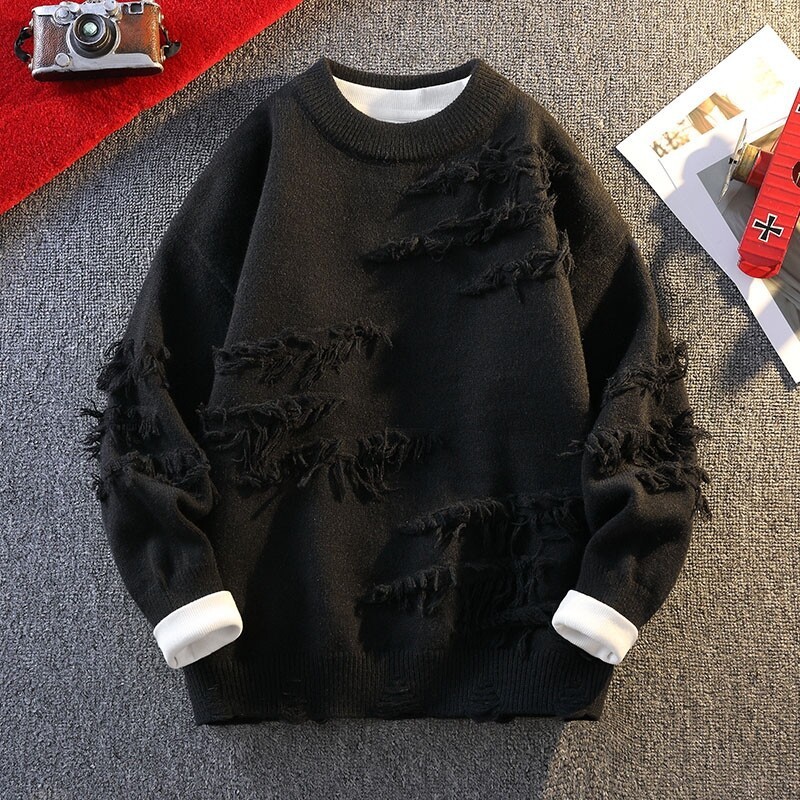 Sweater pria dengan lapisan bulu domba, rajutan tebal, cocok untuk remaja dan pelajar, pakaian lapis