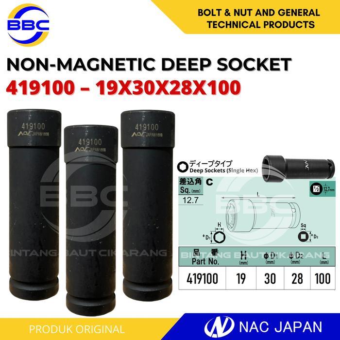 Deep Socket Non-Magnetic Single Hex 19mm x 100L NAC Nagahori 419100 Kunci Sok NAC NAGAHORI ORIGINAL