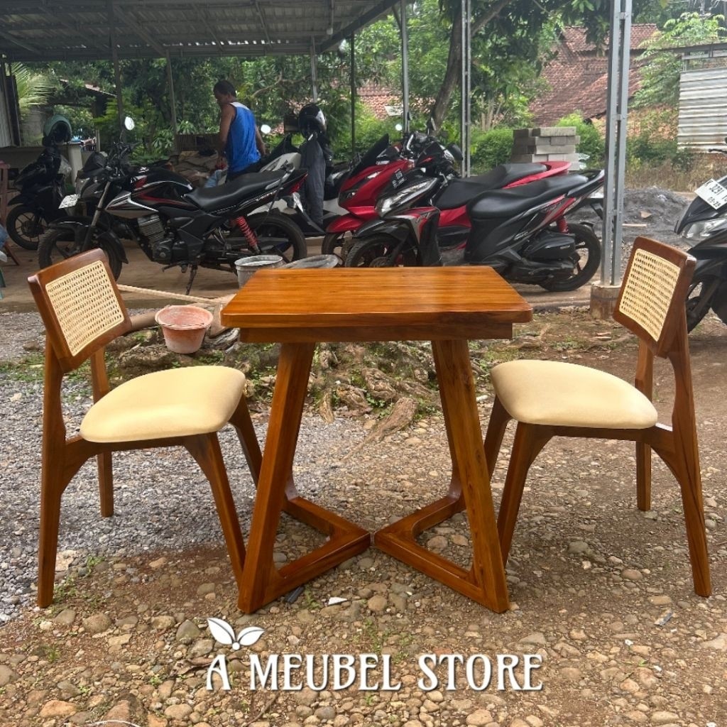 DINNING SET MINIMALIS TOP TABLE (UK. 80cm) TEBAL 3cm KAKI V SET TERAS KURSI KACANG KOTAK BLOK TERAS,