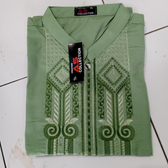 Koleksi Lebaran Baju Koko Pria Dewasa Jumbo Lengan Panjang Bordir - Hijau Sage, M