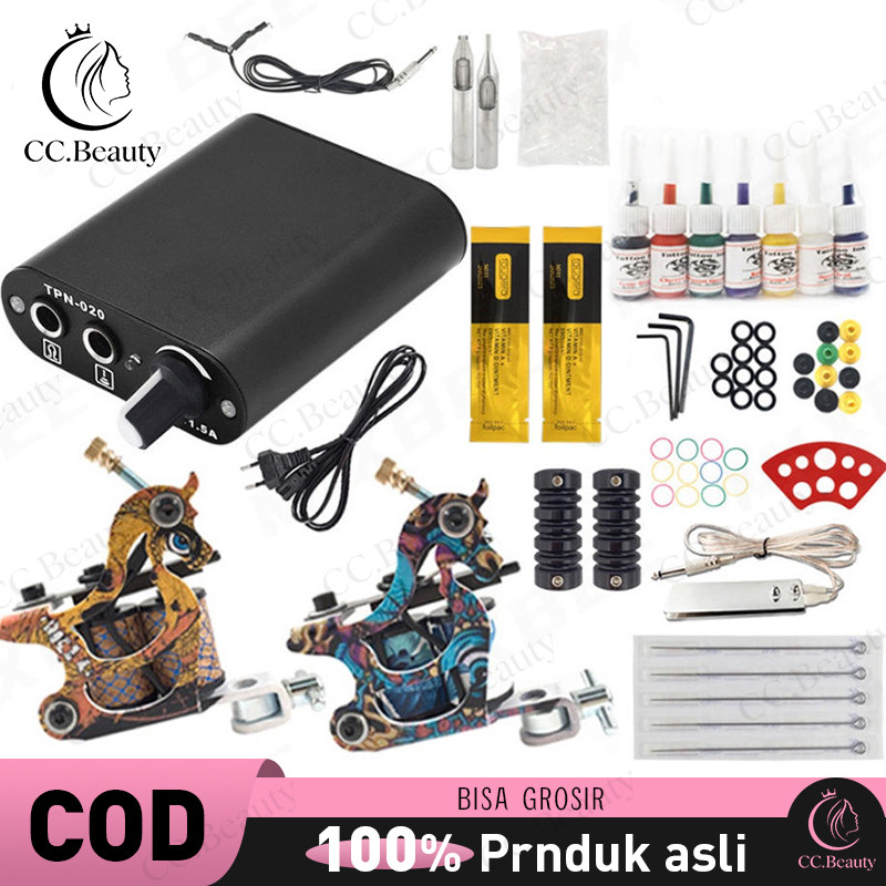 Penjual Laris Mesin Tembak PRO 2 Kit Tato lengkap Pemula Set Sumber Daya Listrik Tinta 7 Warna
