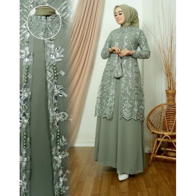 Baju Gamis /Baju Dress Amalia Bahan Ceruty Mix Tulle Safto Non Gliter Mewah / Dress Kondangan Kekini