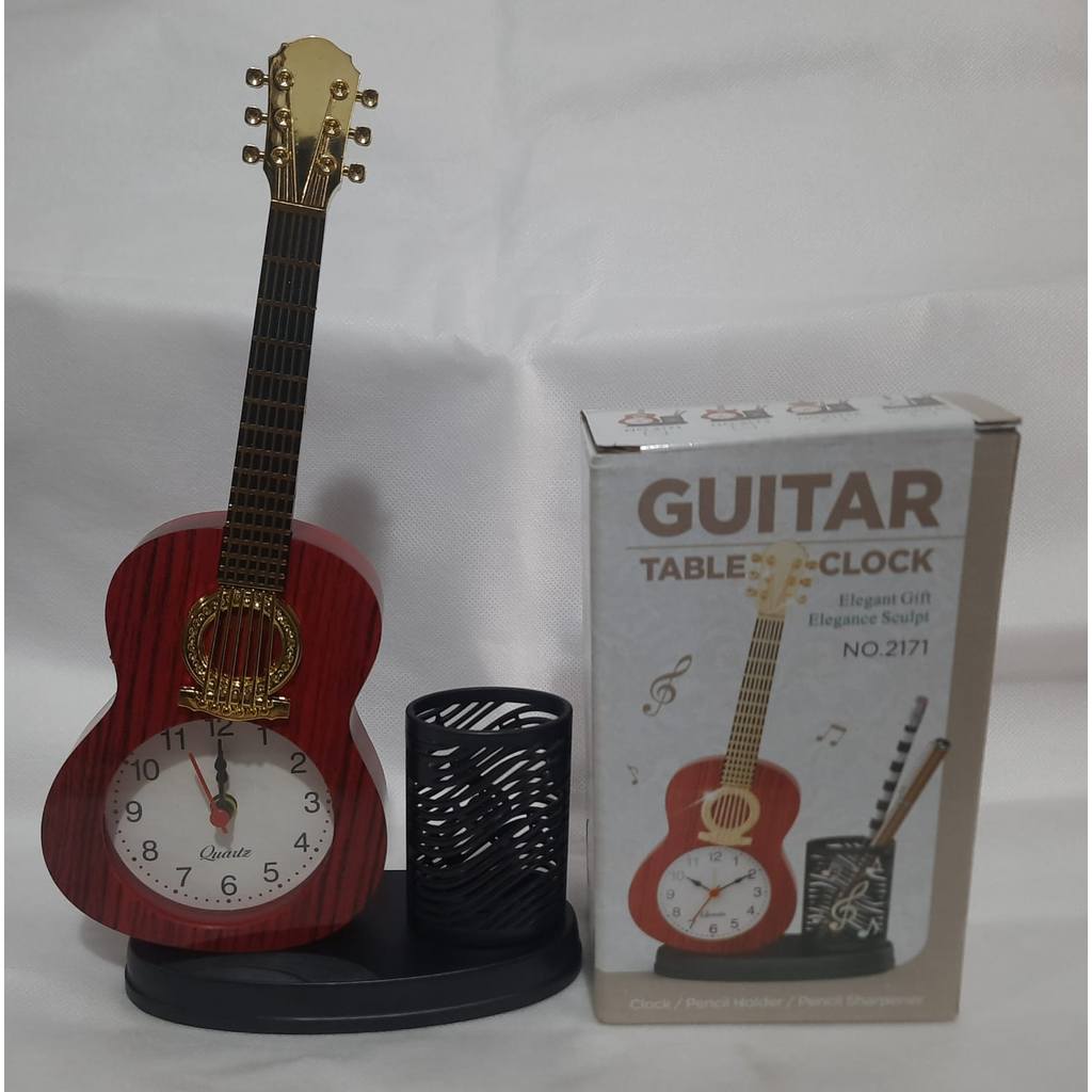 Jam Weker Alarm Gitar motif Kayu Tempat Pensil /Jam Meja Alarm 2171