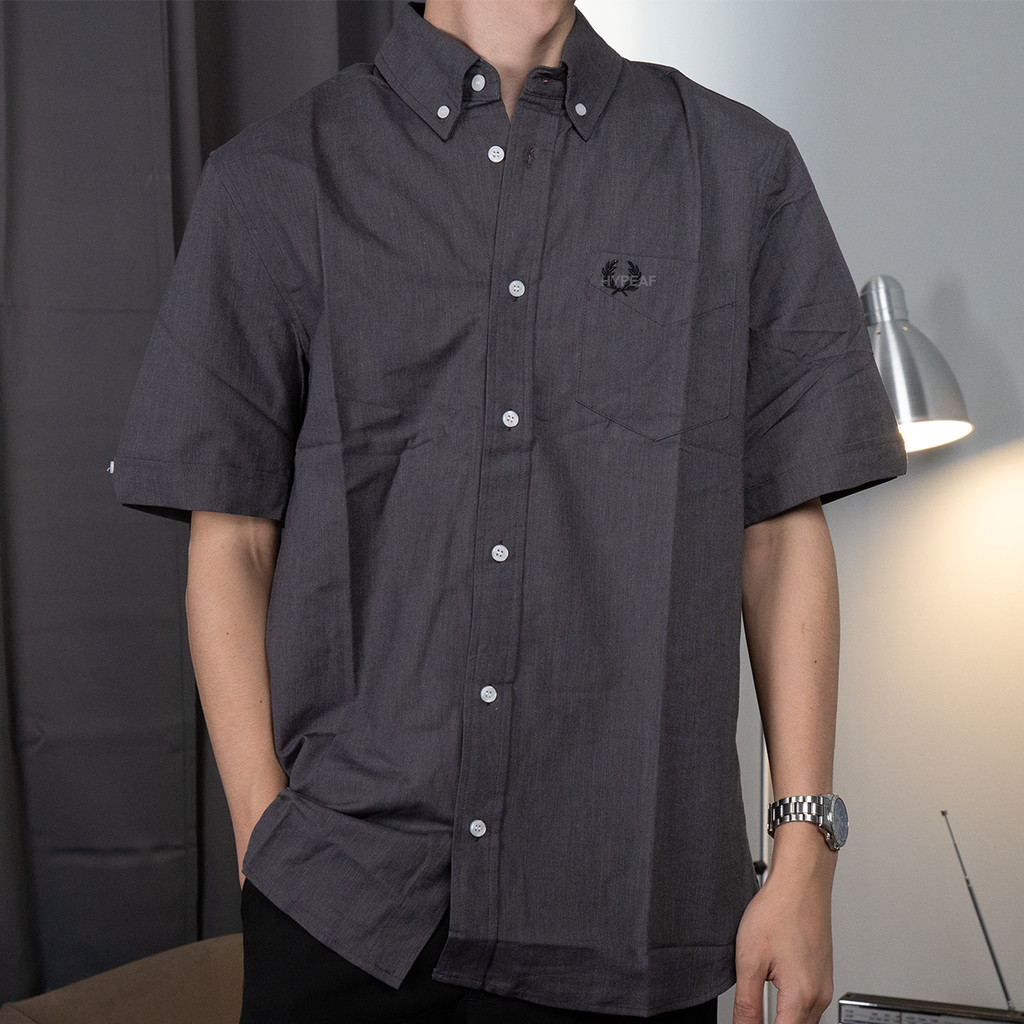 FRED PERRY Dark Grey Short Sleeve Oxford Shirt Kemeja Lengan Pendek Original