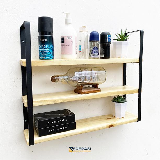 FUJI rak dinding 3 ambalan kayu dan besi buku make up hiasan dekorasi - Cokelat, 30Cm