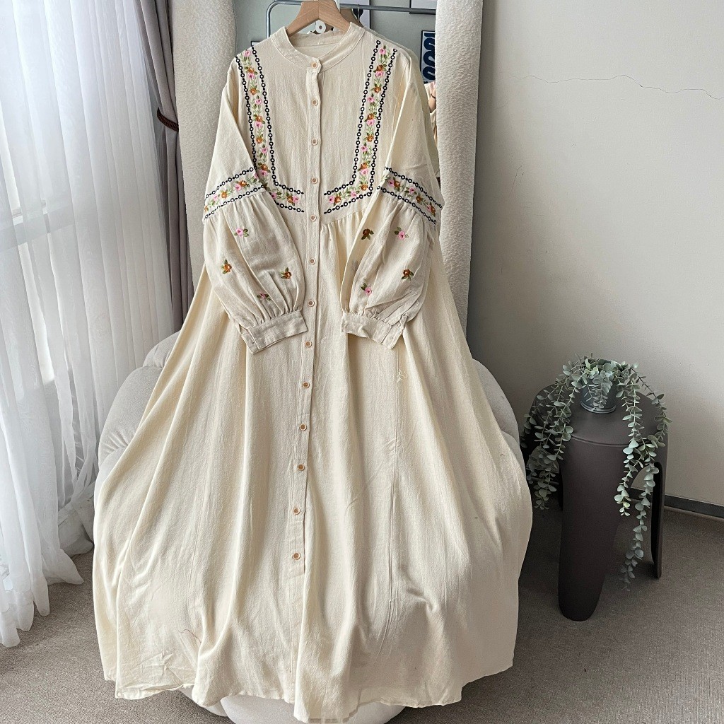 NATASYA Linen Gamis Bordir Full Kancing - Gamis Lengan Balon