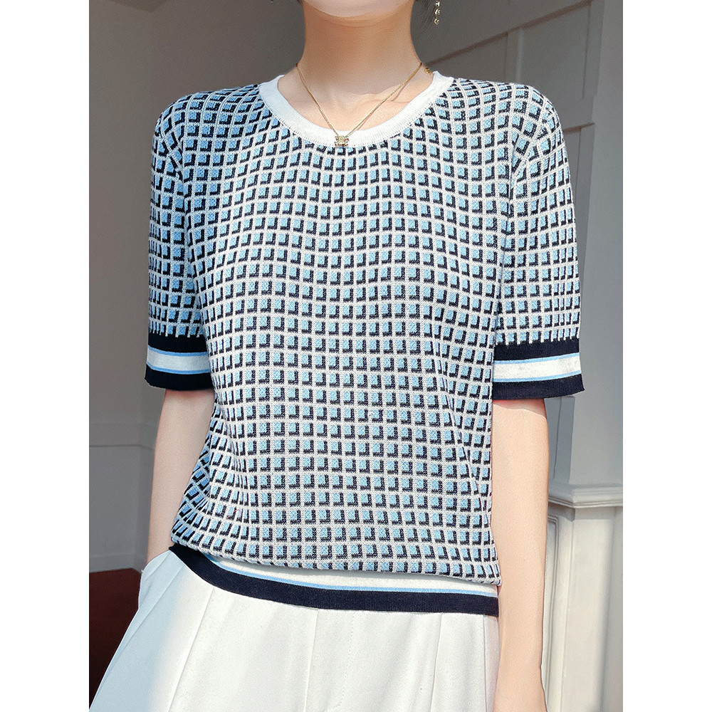 Kain Kotak-Kotak Kecil Baru T Kemeja Dasar Nyaman dan Bernapas untuk Wanita