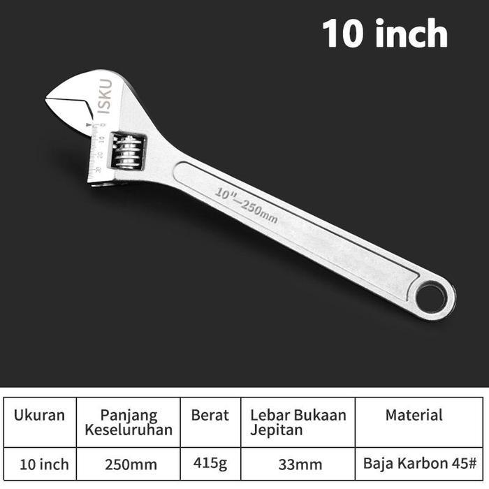 ISKU Kunci Inggris 8"-12'' / Tools- Alat Perkakas Adjustable Wrench logam - 10''