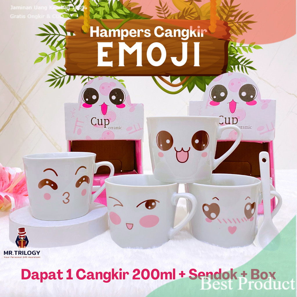 Gelas Aesthetic EMOJI Set Sendok Cangkir Set Keramik Kado Pernikahan Unik Bermanfaat / Hampers Weddi