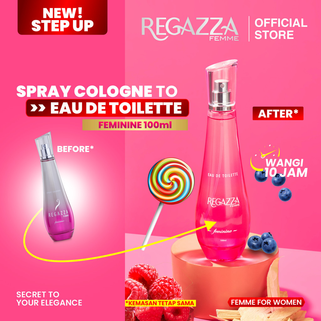 Regazza Femme Eau De Toilette (EDT) Feminine (Pink, 100ml) Parfum Wanita Tahan Lama dan Wangi