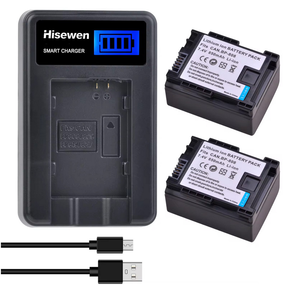 850mAh BP808 BP 808 Liion Battery+LCD Charger for Canon BP827 BP 827 BP819 BP807 BP809 XA10 HF20 HF1