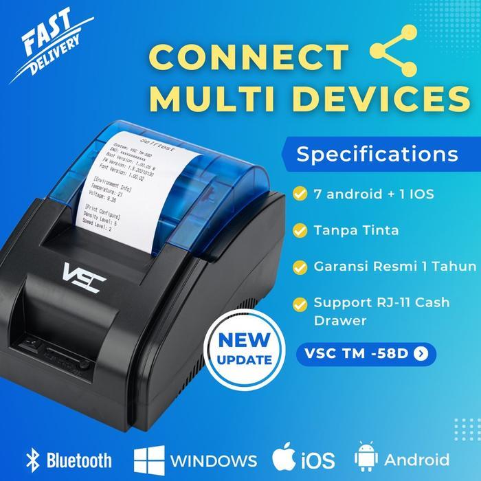 PRINTER THERMAL BLUETOOTH VSC TM-58D 58mm SUPPORT STRUK  MOKA GOBIZ QASIR - RPP02N Charger Label kas